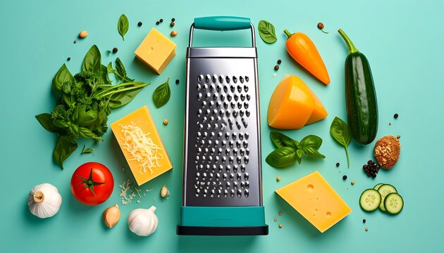 Cheese grater with vegetables, and herbs.