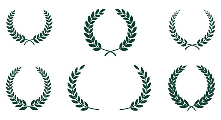 Collection of green laurel wreaths in various styles and designs on white background