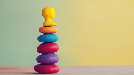 Obraz premium Stacked Colorful Wooden Figures on Table against a Pastel Background Showcasing Balance and Teamwork in a Minimalist Still Life Composition