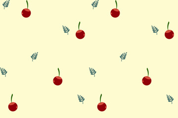 Cute berries fruit with tiny flower and leaf on white background seamless pattern with cherry cartoon watercolor painting. Perfect for fabric, background, wallpaper, wrapping, illustration, clothing