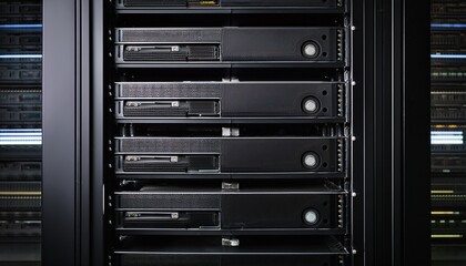 black server rack with multiple drive bays in a dark room