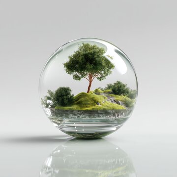 A green tree, a river, and hills inside a transparent glass sphere as a symbol of nature conservation and ecology.