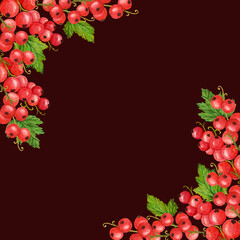 Watercolor frame of red berries current with green leaves. Perfect for designing food and cosmetics packaging,greeting cards