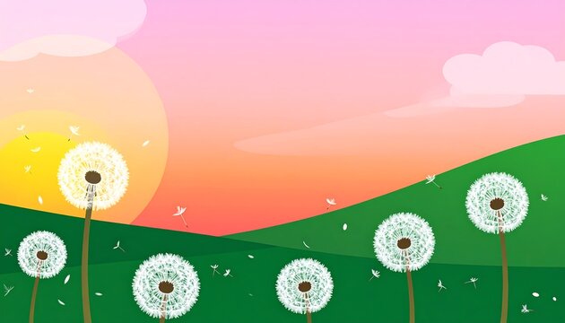 A serene landscape at sunset, showcasing numerous dandelion clocks with fluffy seeds against a vibrant sky of pinks, oranges, and yellows.