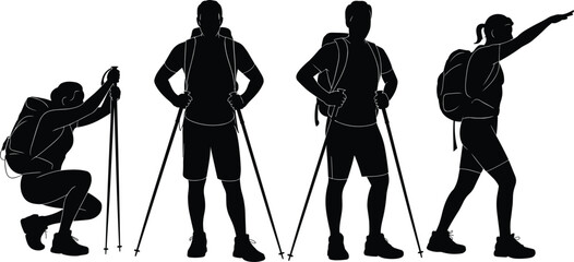 Obraz premium Silhouette group of hikers with backpacks and trekking poles in various poses exploring nature, adventure travel, outdoor activity, mountain expedition scene