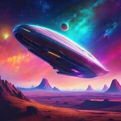 Futuristic spaceship and UFO in outer space, digital artwork