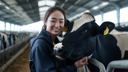 Working with kindness in a modern dairy farm while building bonds with gentle cows and enjoying farm life