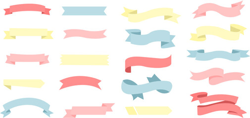 Colorful pastel ribbon banner vector set in pink, blue, and yellow. Ideal for cute designs, party invitations, scrapbooking, and playful graphicc