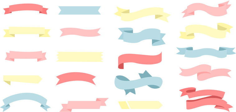 Colorful pastel ribbon banner vector set in pink, blue, and yellow. Ideal for cute designs, party invitations, scrapbooking, and playful graphicc