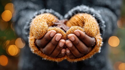 African American Hands in Mittens Holding Leaf with Bokeh Lights