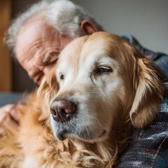 golden retriever cuddling with elderly man in retirement home, loyal emotional support companion