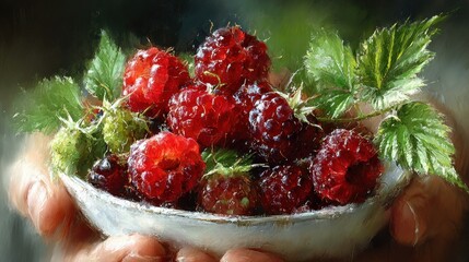 Artistic Oil Painting of Fresh Raspberries in a Bowl Held by Hands
