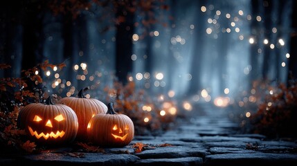 Glowing Jack-o'-lanterns on a Stone Path in a Spooky Halloween Forest