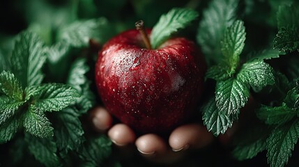 Fresh Red Apple with Water Droplets Held Among Green Mint Leaves