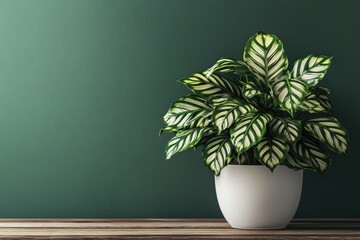 Potted plant on wooden surface, green wall