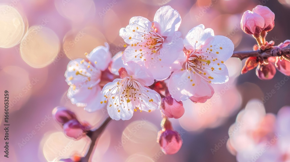 Poster Delicate Pink Cherry Blossoms on Branch with Bokeh Background in Soft Light Spring Bloom