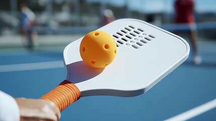 Pickleball paddle and ball closeup on court. Orange perforated ball resting on white paddle with grip handle. Popular racquet sport equipment for recreation, fitness and outdoor activity games.