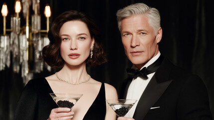 Elegant mature couple in formal black tie attire holding luxury martini cocktails with caviar garnish. Sophisticated evening celebration at upscale restaurant with romantic candlelight atmosphere.