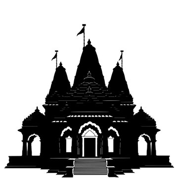 Black and white vector illustration of hindu temple architecture silhouette design graphic image