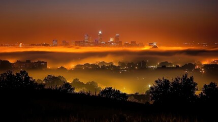 Fototapeta premium Golden Hues Illuminate City Skyline Through Dense Fog at Dusk Showcasing the Urban Landscape with Distant Illuminated Buildings and Silhouetted Trees