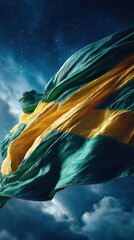 Waving Green and Gold Flag Against a Dramatic Sky with Stars