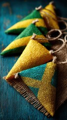 Festive Burlap Bunting Banner with Green, Yellow, and Teal Triangles