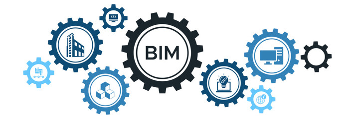 Building Information Modeling (BIM) Technology Banner Vector Illustration with Design, Software, and Architectural Planning Icons