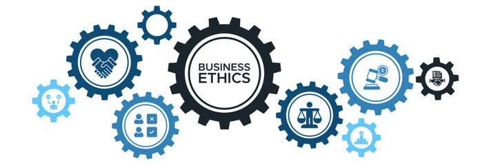 Corporate Ethics and Compliance Banner Icons: Attitude, Relationships, Reliability, Moral Choices, Business Law, and Contractual Agreements