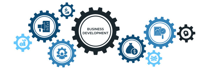 Business Development and Strategic Growth Banner with Icons for Investment, Innovation, Marketing, and Competitor Analysis