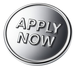 Shiny silver button sticker with APPLY NOW text in bold, attractive promotional retail offer on transparent background.