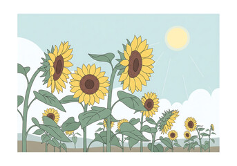 夏の青空と元気なひまわり畑の淡い手描き風イラスト