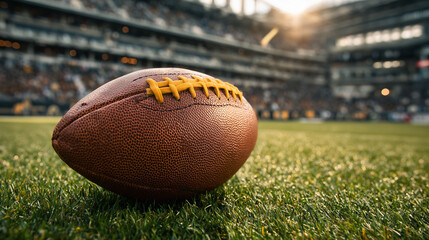 Obraz premium American football ball on the grass of a stadium