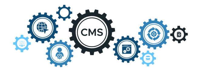 Comprehensive Content Management System (CMS) Banner with Workflow, Database, and Application Update Icons