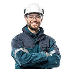 Portrait of smiling construction worker with hard hat and safety glasses