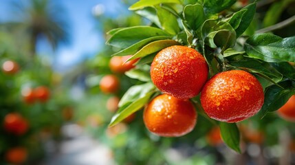 Fresh Blood Oranges Growing on Tree with Green Leaves in Sunlight