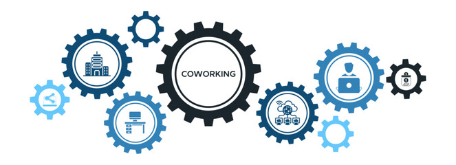 Efficient Coworking Space Banner Featuring Shared Office, Infrastructure, Freelancers, and Cost Savings Icons