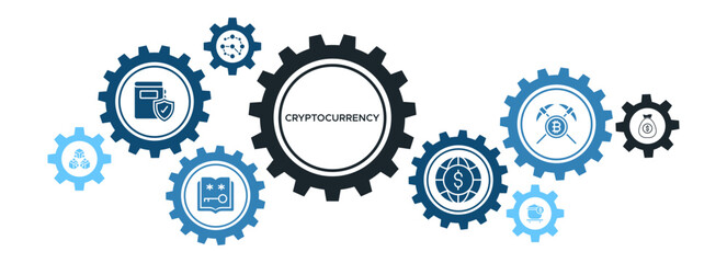 Cryptocurrency Blockchain and Decentralization Banner with Mining Rewards, Digital Money, and Ledgers Icons