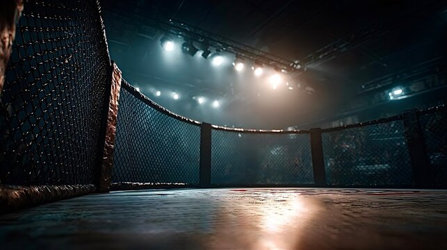 Empty fighting ring awaits mma fighters under bright lights