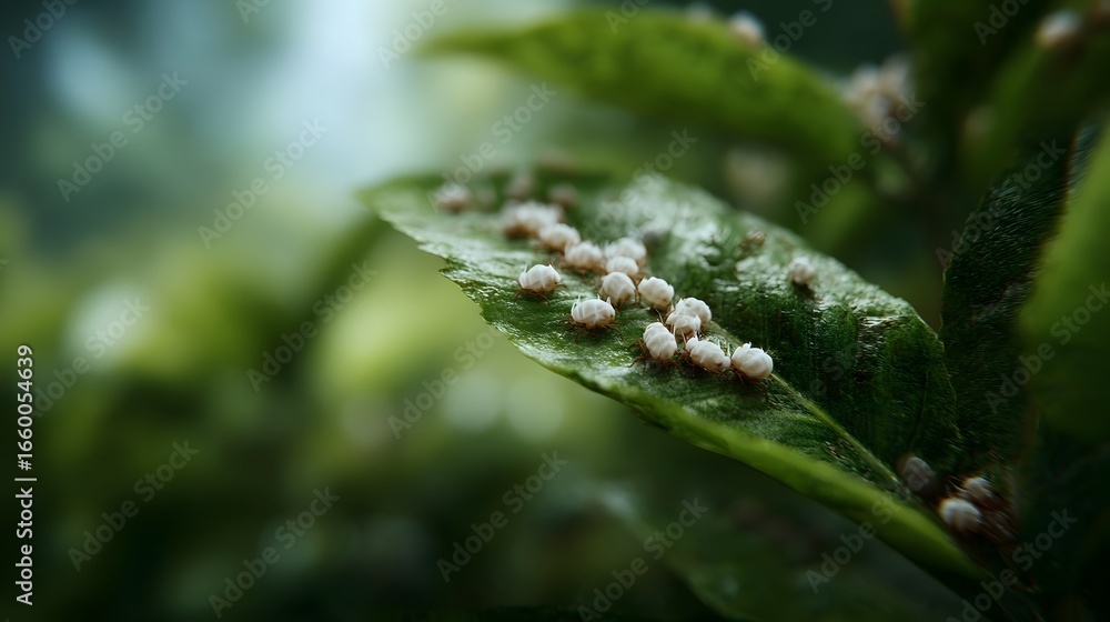 Poster mealybugs infesting a mango leaf in an orchard setting
