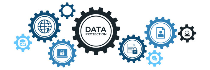 Data Protection and Privacy Banner Icons for Web: Information Security, Permission Controls, Personal Safety, Compliance, and Regulatory Standards