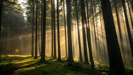 Obraz premium Sunlight filters through tall trees creating dramatic shadows in a dense forest