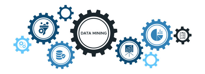Data Mining and Statistical Analysis Banner Featuring Pre-Processing, Database Systems, and Evaluation Icons