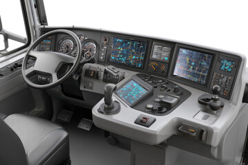 Futuristic vehicle interior with multiple screens and controls