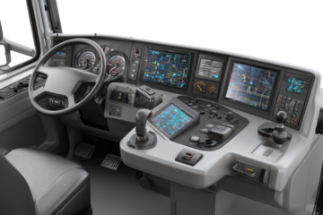 Futuristic vehicle interior with multiple screens and controls