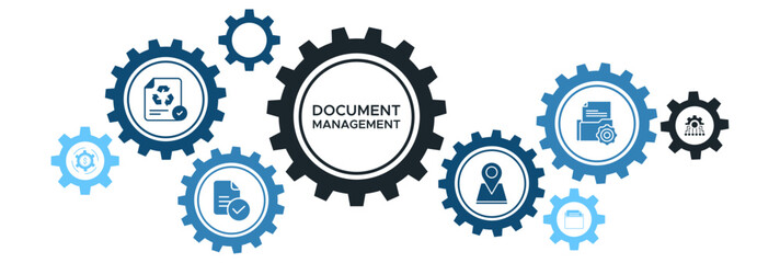 Document Management System Banner Icons for Web: Paper Reduction, Tracking, Cloud Storage, Data Management, Technology Integration, and Workflow Efficiency