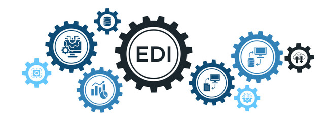 EDI (Electronic Data Interchange) Banner Vector Concept Featuring Icons for Cloud Servers, Data Exchange, Automation, and Standard Business Formats