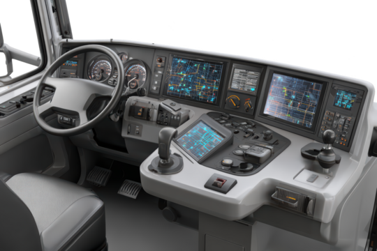 Futuristic vehicle interior with multiple screens and controls