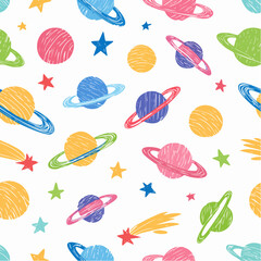 Hand drawn cosmic and starry seamless pattern. Crayon drawn stars, comets and planets.