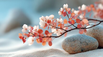 Delicate Cherry Blossoms with Red Leaves and Smooth Stones on Sand