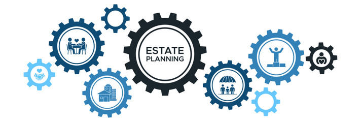 Estate Planning Banner Vector Concept with Icons for Trusts, Property Disposition, Charity, Succession, and Life Insurance Planning